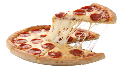 A mouthwatering hot pepperoni pizza with a slice being lifted, showing delicious melted cheese stretching, perfectly isolated on a transparent background.