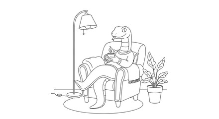 Fototapeta premium Coloring page of a cozy snake character in a sweater relaxing in an armchair with a cup of hot drink.