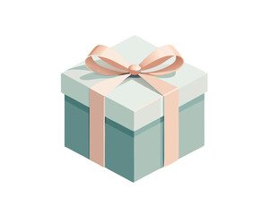 Obraz premium minimal gift box with ribbon bow, geometric square shape, clean thin outlines, soft muted colors, modern scandi aesthetic, isolated on white background, vector flat design 