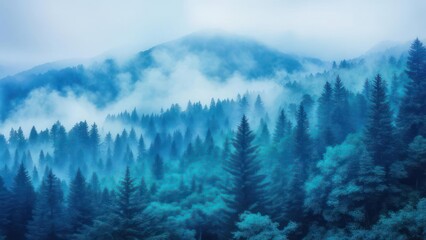 Misty mountain landscape, toned blue