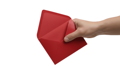 Male Hand Holding Open Red Envelope for Greeting Card or Invitation Isolated on Transparent Background.