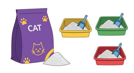 Set of cat litter supplies including a bag of litter and trays in yellow, green, and red with scoops.