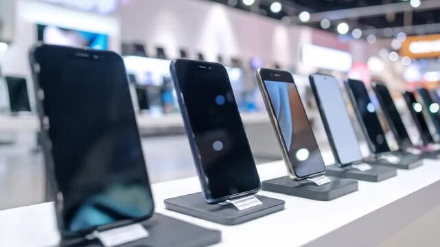 A row of smartphones displayed in a store, some with screens on and some off, set on a white counter
