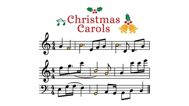 Musical score excerpt featuring traditional christmas carols notation with festive holly and bell decorations