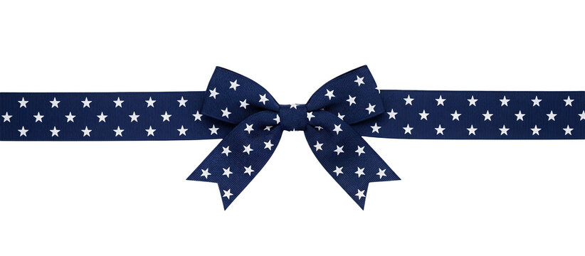Patriotic Dark Blue Ribbon Bow with White Stars Pattern Isolated on Transparent Background.