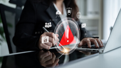 Red warning triangle representing a cybersecurity threat or data breach alert, surrounded by digital security and network protection icons, symbolizing cyber risk awareness Parse