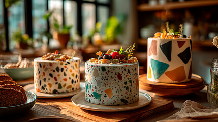 Naklejka premium Three modern terrazzo cakes with speckled icing and colorful chips. Clean slices reveal glossy glaze and chocolate shards. Set in a pastel bakery environment.
