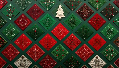 Festive Christmas Diamond Tiles Pattern with Snowflakes and Berries.
