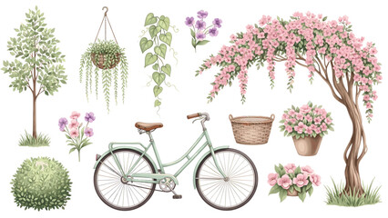 Watercolor illustration set of spring garden elements including a bicycle, flowering tree, potted plant, bush, and hanging vine isolated on