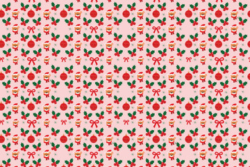Festive Christmas seamless pattern featuring red berries holly leaves ornaments and ribbon bows in a clean flat vector illustration ideal for seasonal decorative repeat design