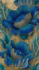 Luxurious blue flowers with golden veins sparkling details beautiful ornamental art