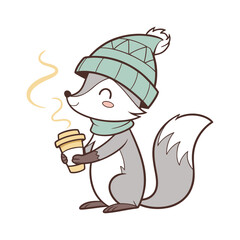 Cute cartoon fox wearing a winter hat and scarf holding a hot drink