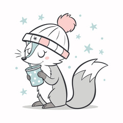 Cute cartoon raccoon wearing a winter hat drinking a beverage