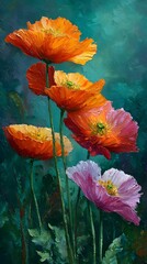 Poppy Flower Garden Oil Painting Vibrant Orange and Pink Blooms Artwork