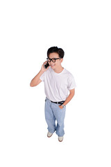 Fototapeta premium On the Phone: A young, bespectacled individual engages in a lively phone call, emanating confidence and poise, showcasing the effortless intersection of communication and modernity.