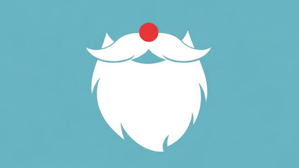 Minimalist flat design icon of a white santa claus beard and mustache with a small red nose against a light blue background, perfect for holiday graphic design