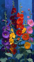 Vibrant Hollyhock Flowers in Full Bloom Against a Textured Blue Backdrop