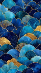 Abstract Art with Blue Watercolor Waves and Golden Accents Design