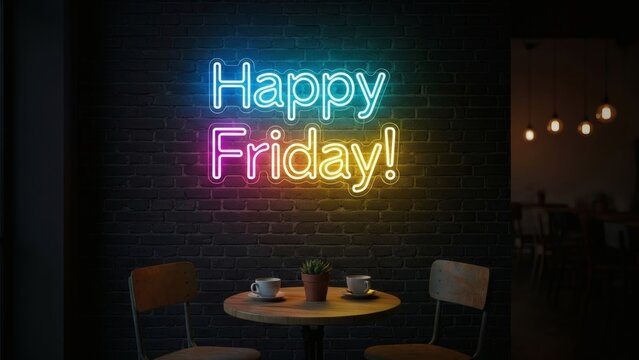 A vibrant multicolored neon sign saying 'Happy Friday!' glows on a dark brick wall above a cozy cafe table with two coffee cups.