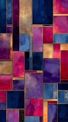 Abstract painting with geometric shapes in vibrant colors and gold accents