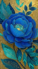 Artistic blue flower with gold details luxury botanical digital painting