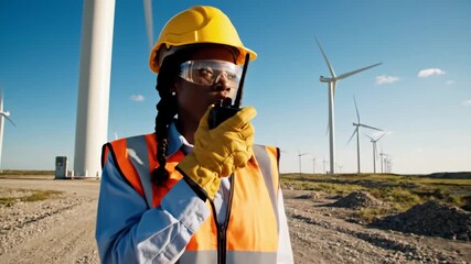 A female engineer at a wind farm, talking on radio, wearing safety gear, with turbines in the background