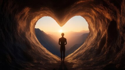Heart-shaped cave opening to sunrise.  Silhouette of person