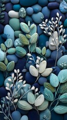 Blue pebbles and abstract leaves pattern background for wallpaper or decoration