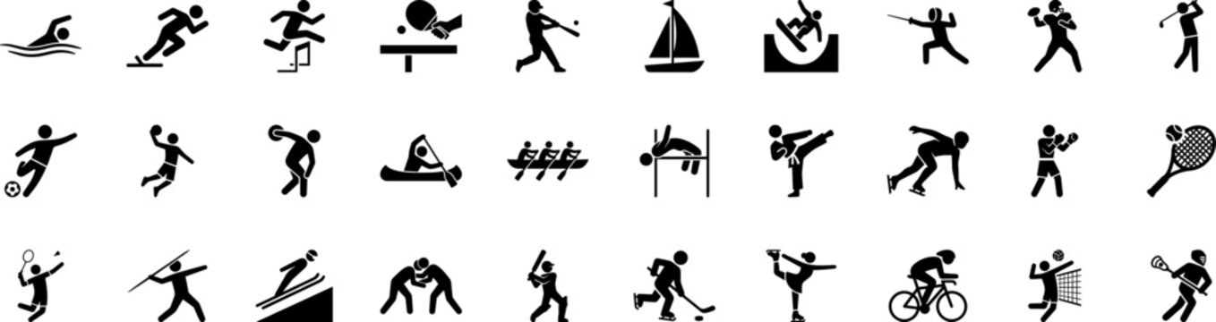 Dynamic set of black silhouette sport pictograms, a versatile collection of athlete icons representing a wide range of summer and winter athletic disciplines