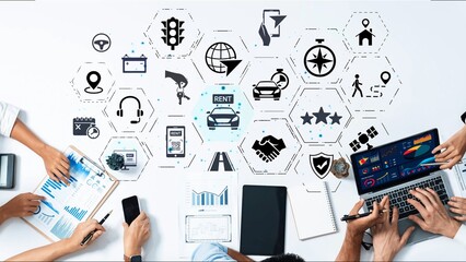 Online car rental service with booking, GPS, key handover and vehicle sharing icons representing modern mobility, travel convenience and digital rental platforms. Funnel