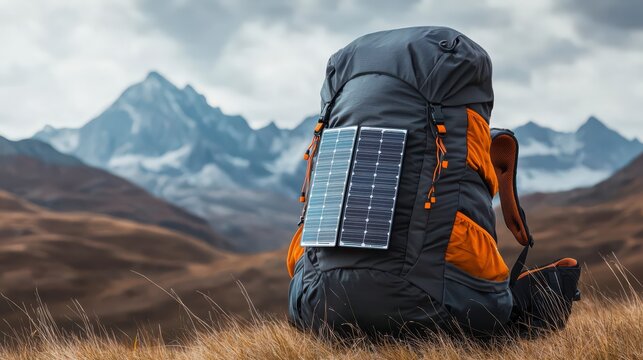 A person sits near a mountainous landscape, resting against a backpack equipped with a solar panel, showcasing outdoor adventure and sustainable technology.