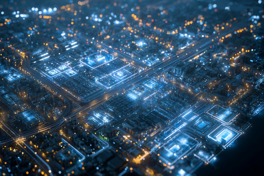 Futuristic digital city grid glowing with blue and orange lights at night