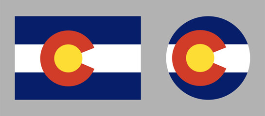 Colorado rectangle, circle flag badges. State of Colorado symbol icons. USA circular, rectangular shape button, banner set.