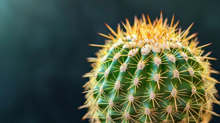 A close-up of a vibrant green cactus showing its sharp spines and intricate textures against a blurred dark background.