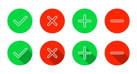 Check mark, cross, add, and remove outline icon. Checkmark, X, plus, and minus symbol with long shadow