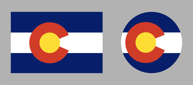 Colorado rectangle, circle flag badges. State of Colorado symbol icons. USA circular, rectangular shape button, banner set.