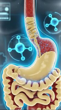 Digestive System: An intricate depiction of the human digestive system, highlighting the stomach and intestines. This image portrays the complexities of the body's internal processes.