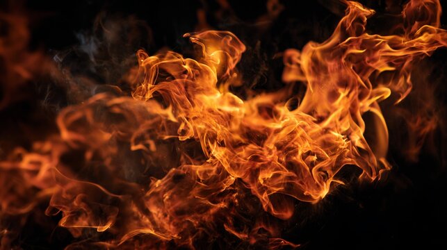 Flames burning strongly against a black backdrop, depicting fire, warmth, and destruction, for visual media