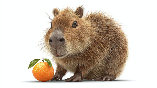 A charming capybara beside a vibrant orange, captured in a heartwarming close-up
