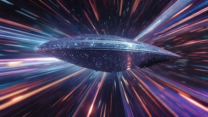 Futuristic spaceship in hyperspace travel