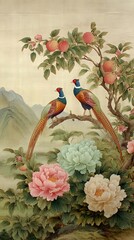Elegant Chinese Painting of Pheasants and Peaches in a Serene Landscape