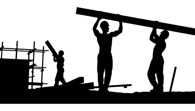 Construction workers carrying wood silhouette building project - Powered by Adobe