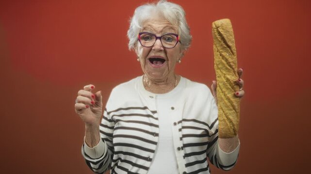 Senior woman in striped cardigan holding long baguette with raised hand and open mouth in studio speaking to camera; warm nostalgia.
