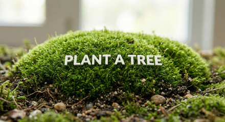 Lush green moss mound button with white text PLANT A TREE. Ecology concept 3D render for reforestation and nature conservation campaigns