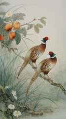 Elegant Pheasants Perched on Branch in Delicate Chinese Brush Painting Style