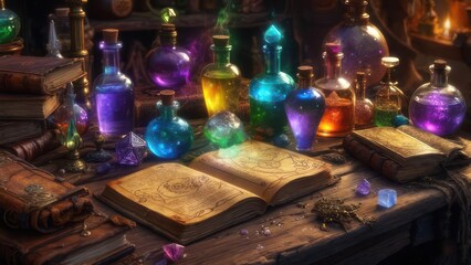 Colorful magical potions and antique books on a rustic wooden table