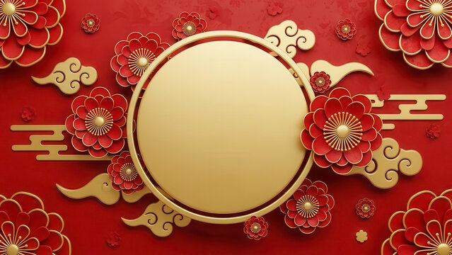 Blank golden circle frame surrounded by vibrant red paper cut flowers and auspicious cloud pattern on a rich red background for chinese new year celebration or festive greeting card design template