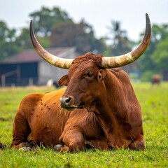 Majestic Ankole-Watusi Cattle Resting Peacefully in a Lush Green Field.