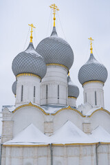Rostov, Russia January 4, 2022. Golden Ring of Russia. Rostov Kremlin, domes of the Assumption Cathedral 