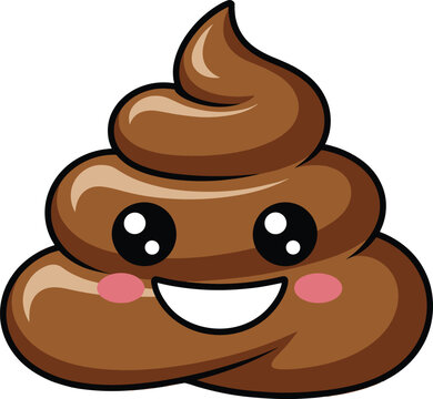 Cute cartoon poop emoji with smiling face, kawaii style, happy expression, and adorable glossy features, flat vector illustration